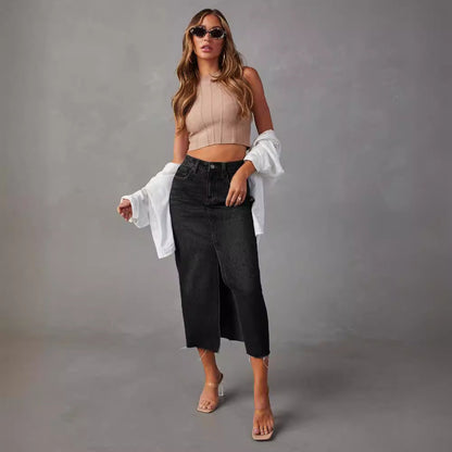 High Waist Denim Midi-Rock